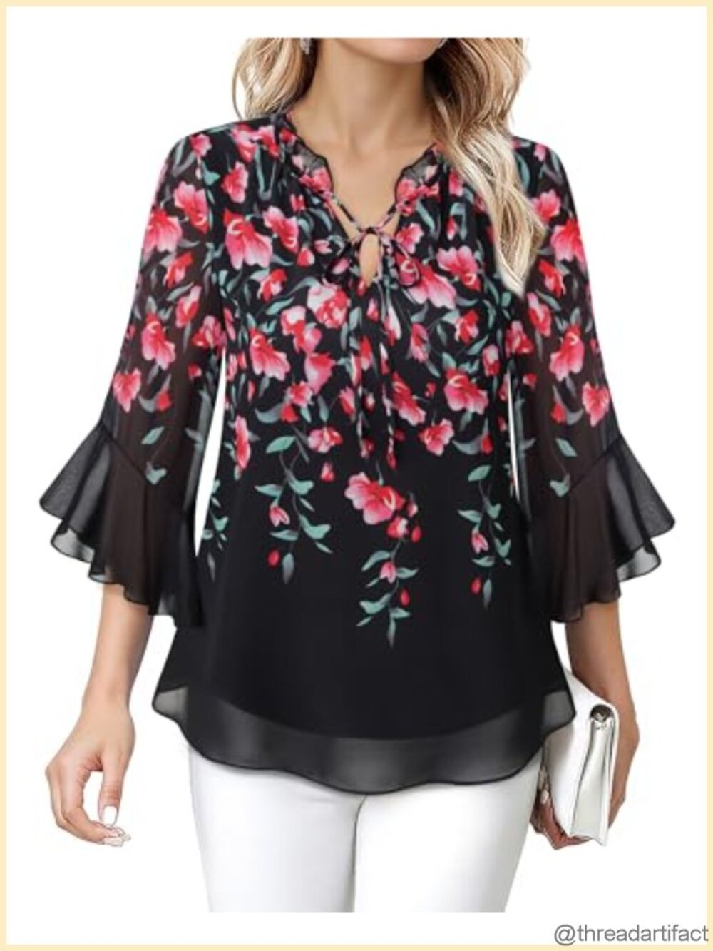 Women's Chiffon Ruffle Blouse 3/4 Sleeve V-Neck Business Casual Top